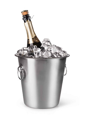 Champagne bottle in a bucket with ice on the white background